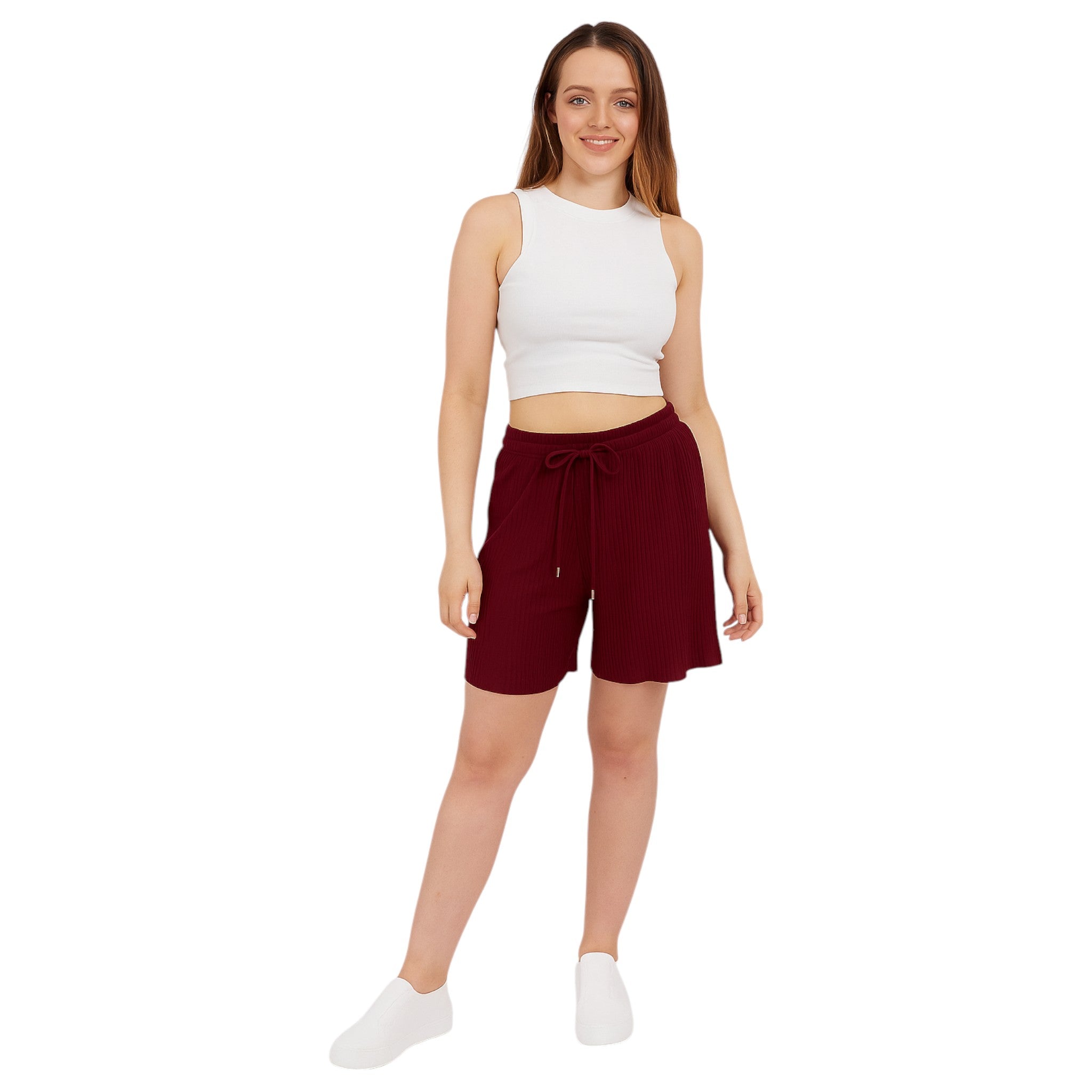 Women's pleated lounge shorts in burgundy with drawstring waist – soft casual summer shorts